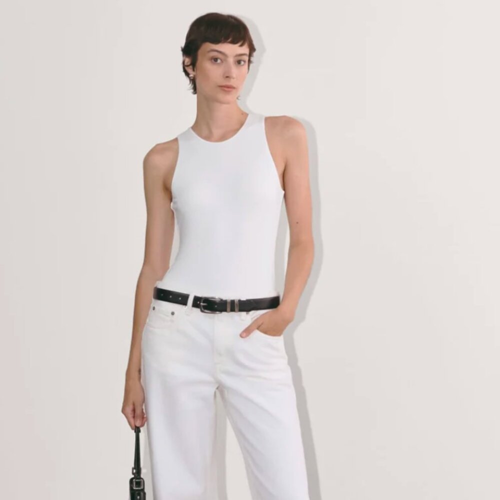 Everlane Women's Cutaway Tank Bodysuit in White, Size Small, Cotton/Denim